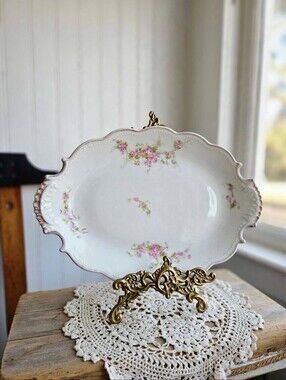 Antique 1920s L.R.L. Limoges France Floral Scalloped Platter - Pink Roses
